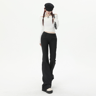 KRO黑色复古低腰休闲西装裤女2023新款设计感显瘦百搭微喇叭长裤