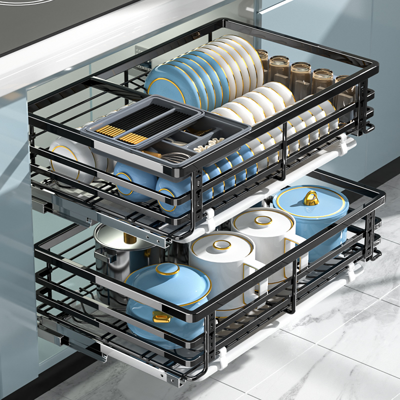 贵漠加深拉篮厨房橱柜双层碗盘蓝304不锈钢碗碟柜滑轨抽屉式碗篮