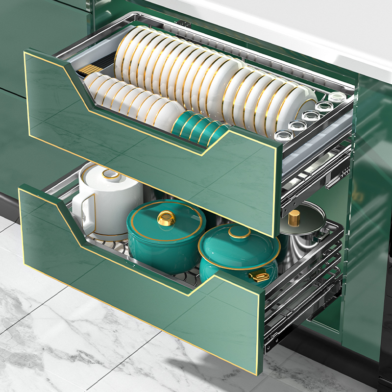 贵漠拉篮厨房橱柜304不锈钢双层抽屉式碗架碗碟篮碗柜拉蓝碗篮