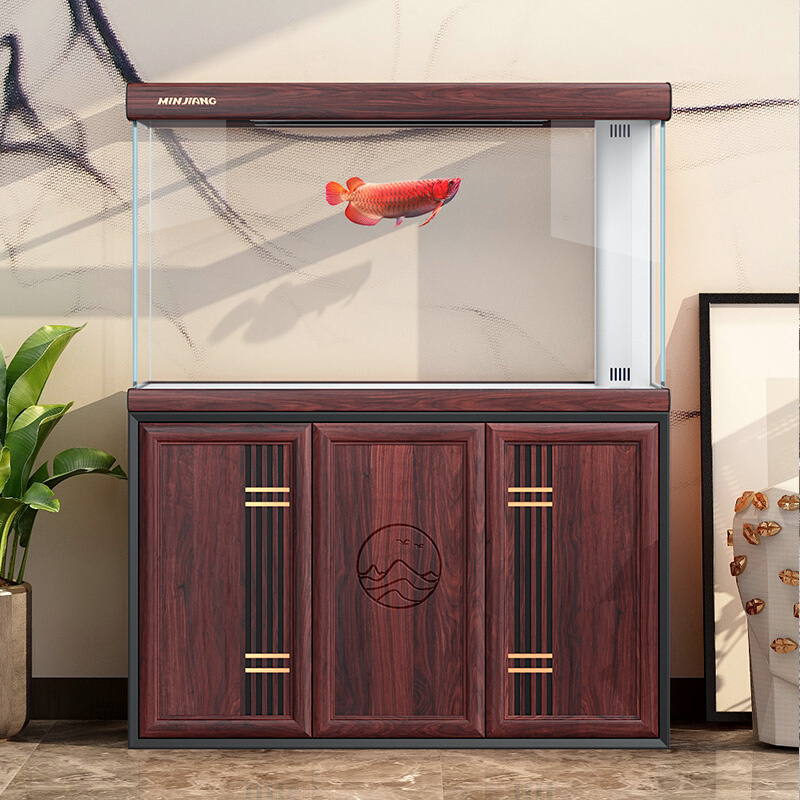 闽江鱼缸水族箱大型新中式客厅家用落地免换水超白玻璃底滤龙鱼缸