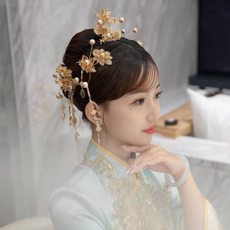 金色古装秀禾头饰简约中式新娘造型结婚秀禾服发饰古典步摇显脸小