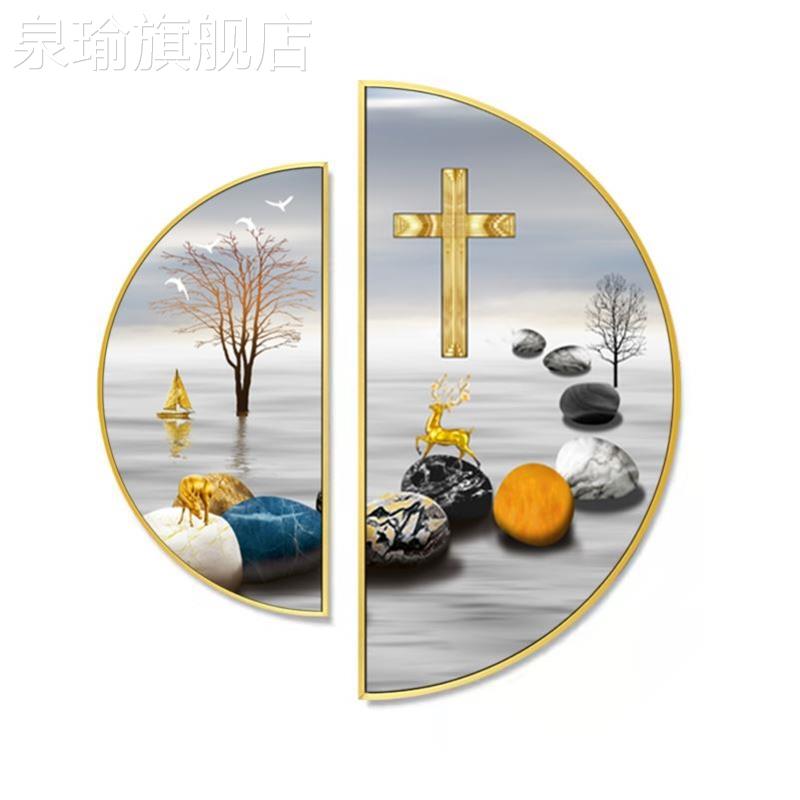 网红十字架羽毛抽玄象意半创圆壁挂画餐厅装画饰现走代简约廊过道