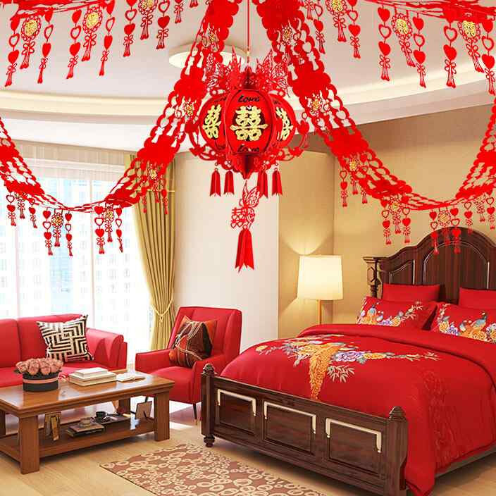 结婚房装饰植绒布拉花浪漫婚礼卧室喜字婚庆女男方新房布置套装