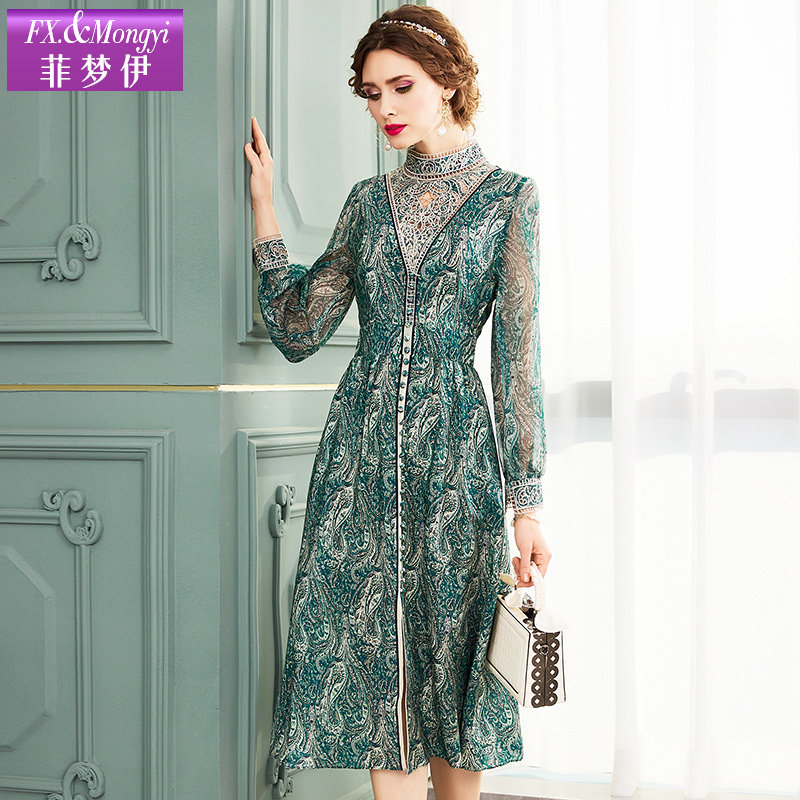 菲梦伊双绉真丝印花连衣裙女春季新款温柔时尚轻奢桑蚕丝中长裙子