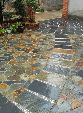 天然青石板冰裂纹不规则碎拼花园地砖庭院防滑地砖地面铺路古文石