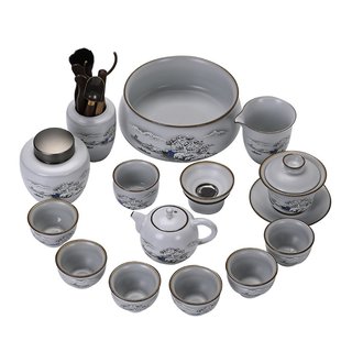 中式汝窑功夫茶具套装高端办公室会客茶具整套开片可养汝瓷泡茶杯