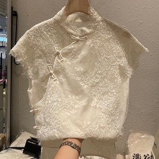 无袖蕾丝雪纺小衬衫夏季2023新款女装中式复古盘扣上衣超仙女衬衣