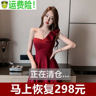 夜店女装时尚气质女神范衣服夜场低胸斜肩酒红色夜总会性感连衣裙