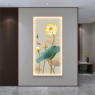 新中式玄关竖版荷花装饰画客厅茶室走廊背景墙挂画 莲花LED带灯画