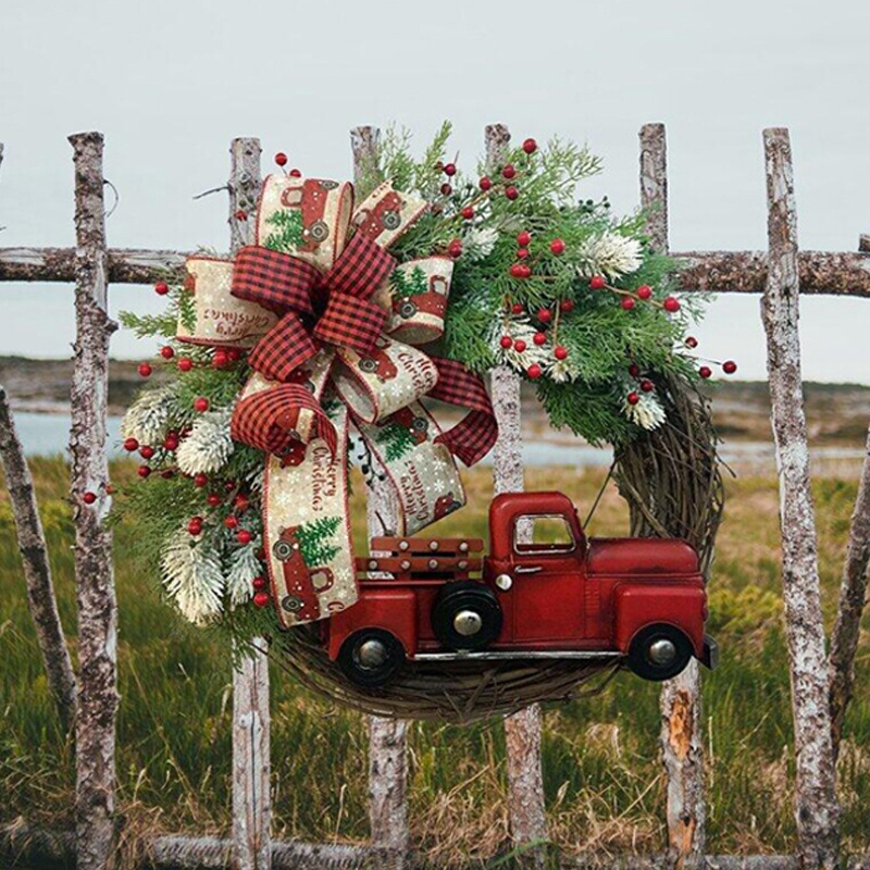 新品红色卡车圣诞门挂农舍红色卡车花环圣诞花环装饰新婚装饰门挂