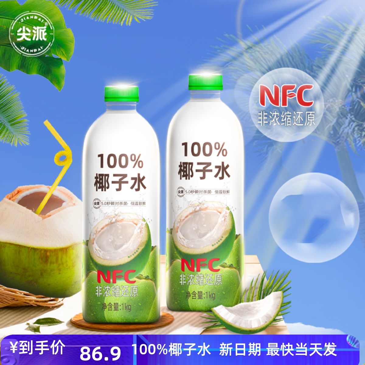 海南尖派100%纯椰子水孕妇专用0脂椰汁纯nfc1L果汁饮料大瓶整箱