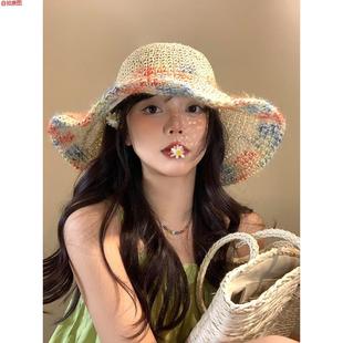 彩色编织草帽女夏季海边度假遮阳防晒帽透气镂空大帽檐显脸小帽子