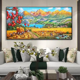 网红金山聚宝盆丰收手绘客厅油画大气沙发背景装饰画中式苹果简约
