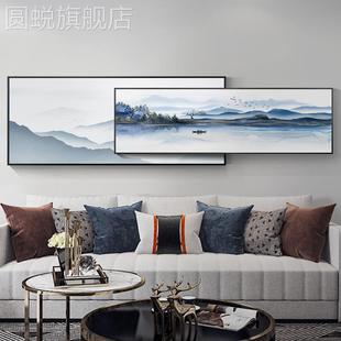 新款新中式山水客厅沙发背景墙装饰画办公室高档大气叠加双层壁画