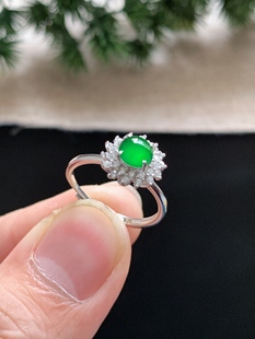 925银镶嵌冰种满绿蛋面翡翠戒指女款玉石戒圈可调天然A货轻奢指环