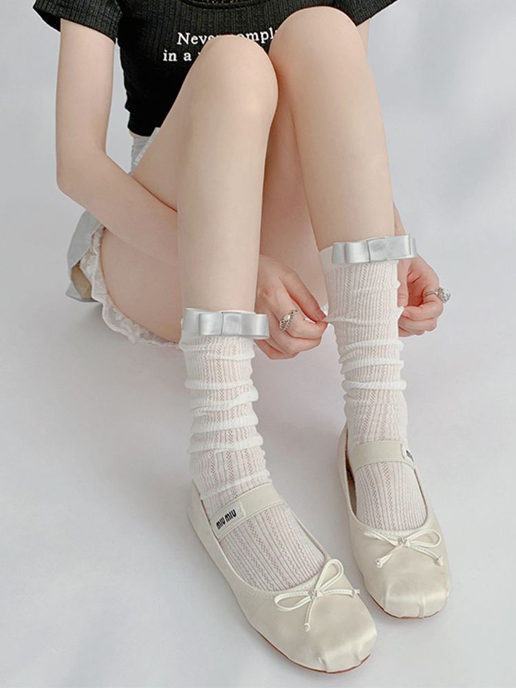蝴蝶结芭蕾风袜子女夏中筒袜白色堆堆袜jk小腿袜女春秋百搭透气
