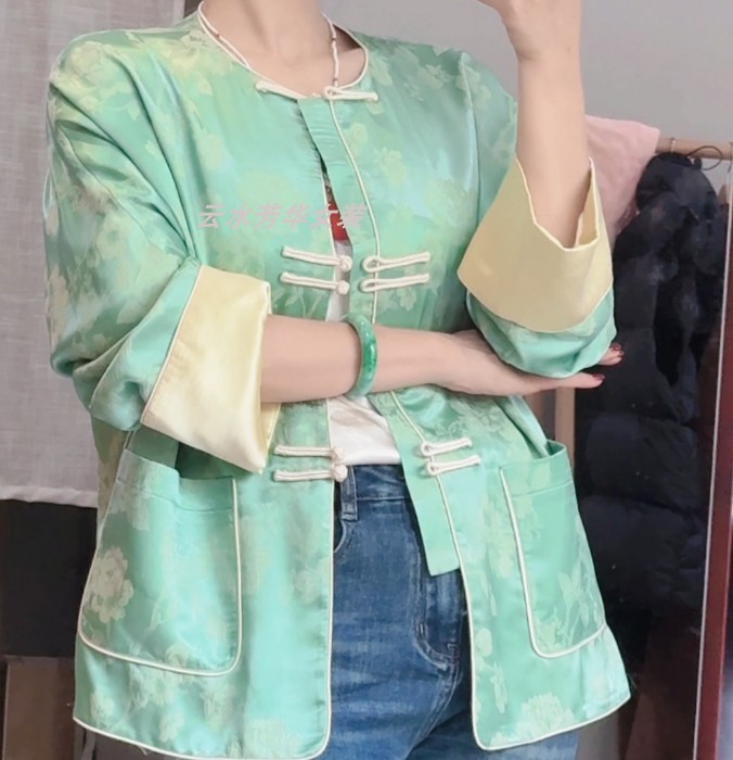 妙缘 惜子国风芳华设计新中式复古提花外套2024春款绿色双层外套