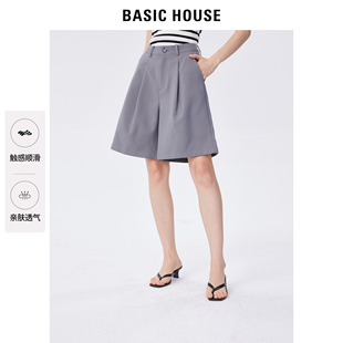 Basic House/百家好宽松休闲裤女2024夏季新款灰色高腰西装短裤子