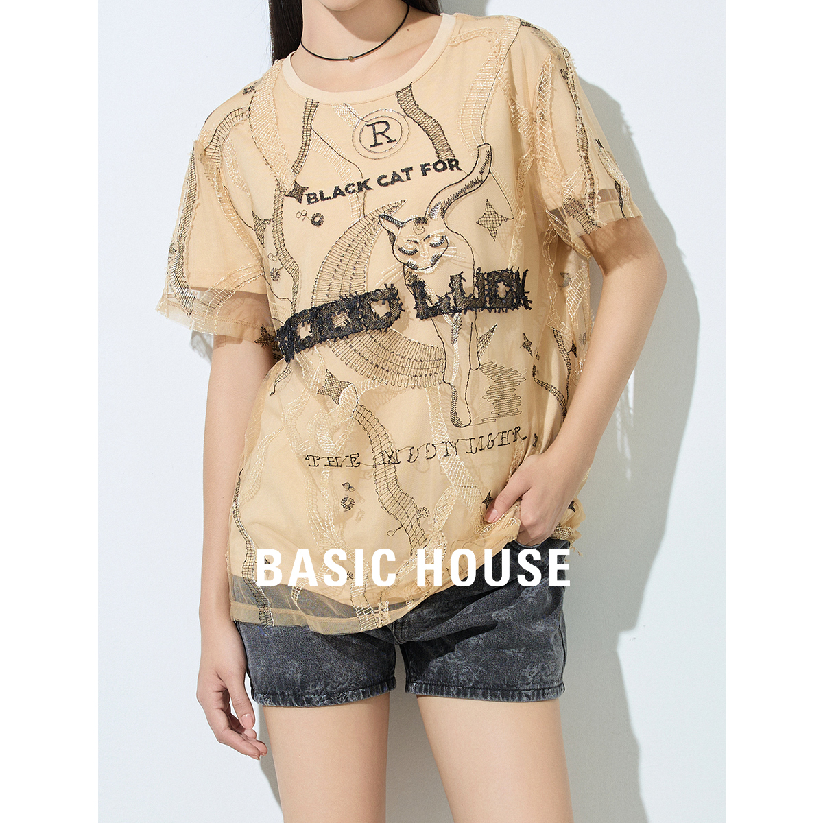 Basic House/百家好休闲风短袖T恤女夏2024夏季新款圆领短袖上衣