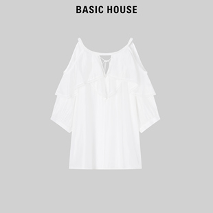 Basic House/百家好短袖衬衫女24新款宽松系带透气上衣漂亮小衫