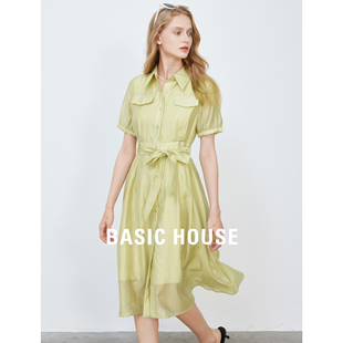 Basic House/百家好轻奢系带收腰连衣裙女2024夏季新款气质衬衫裙