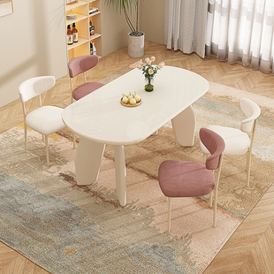 法式奶油风岩板餐桌椅组合新款小户型家用轻奢现代简约长方形饭桌