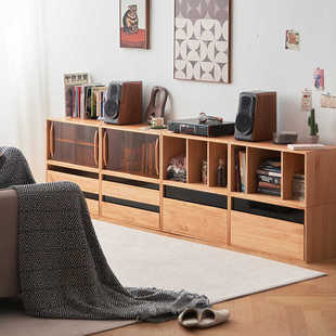 实木矮书柜北欧多功能组合柜日式落地客厅电视机柜储物柜一体靠墙