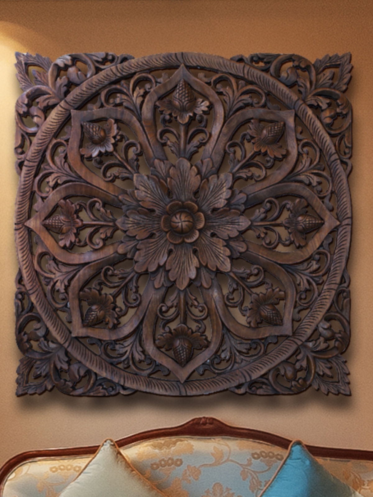 新品东南亚柚木雕花板壁饰实木新中式墙上装饰品客厅墙饰挂件木制