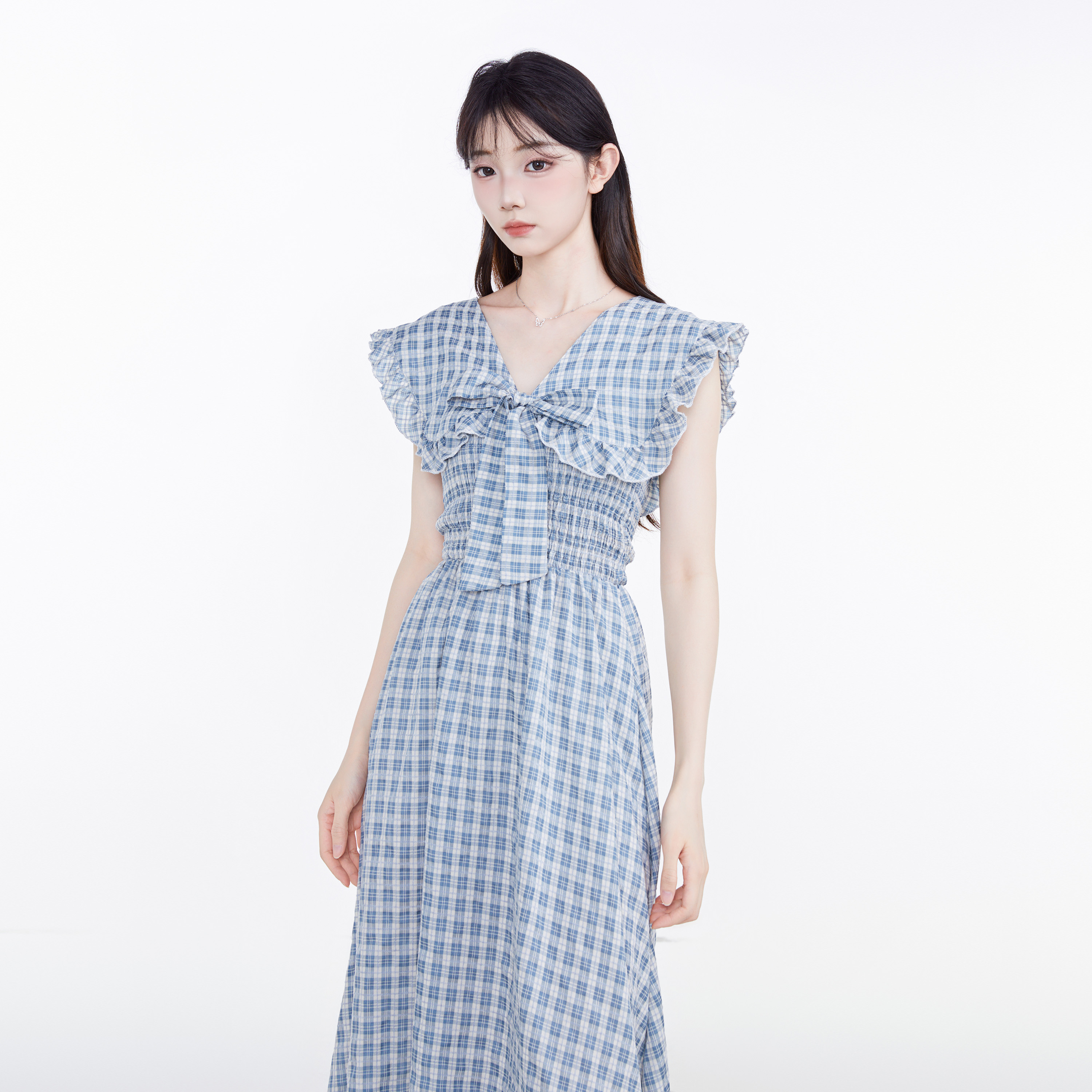FLIM法式温柔风连衣裙2024夏季新款气质蓝色格子蝴蝶结系带长裙