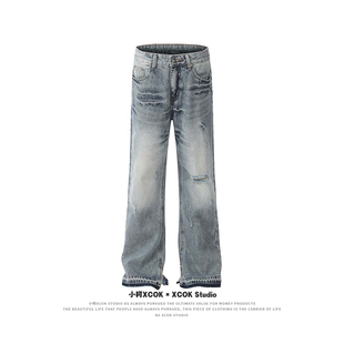 小柯XCOK美式高街破洞牛仔裤闪电烫痕设计感水洗复古直筒宽松长裤