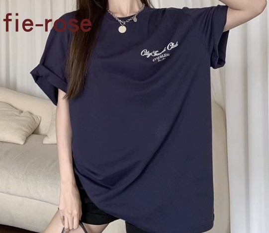 LIL CHER 蓝色字母oversize短袖T恤女夏薄款韩版纯棉宽松中袖上衣