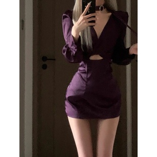法式高级性感紫色衬衫连衣裙女春季气质名媛修身成熟御姐包臀短裙
