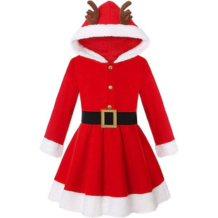 厂圣诞节服装女童礼服连衣裙2024新款大红色麋鹿连帽圣诞树裙表促
