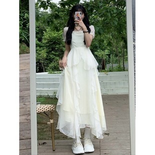 夏季女装2024新款微胖风情万种长裙茶歇法式气质白色公主连衣裙子