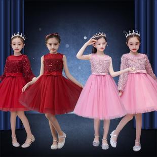 六一儿童红色女童公主裙蓬蓬纱晚礼服小女孩主持人花童钢琴演出服