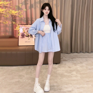 夏季2024新款清纯甜美连衣裙子女蓝色衬衫套装茶系搭配一整套韩系