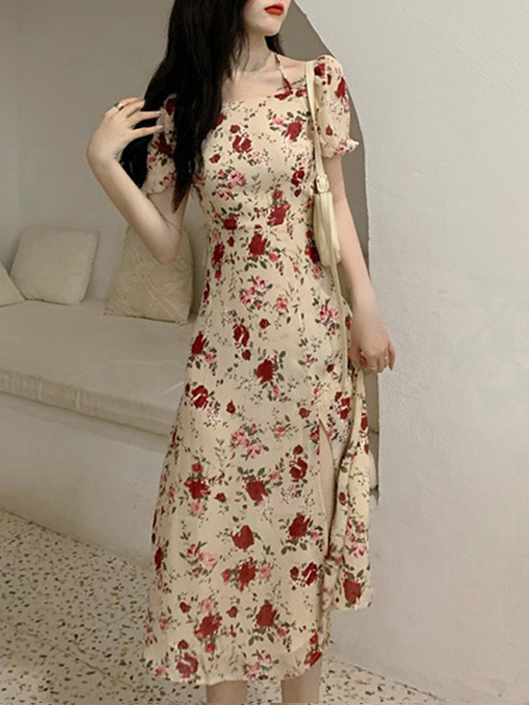 一字雪纺印花裙女吊带碎花连衣裙2021新款夏开叉连衣裙