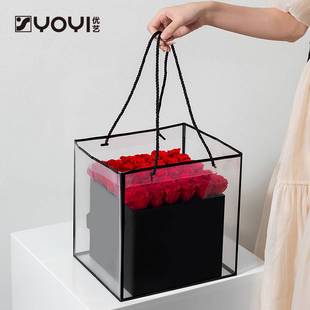 优艺花束手提袋pvc透明鲜花手拎袋包装袋边框方形装花袋花艺材料