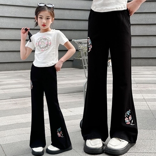 女童网红喇叭裤冰丝裤夏季新中式薄款2024新款国风刺绣中大童休闲