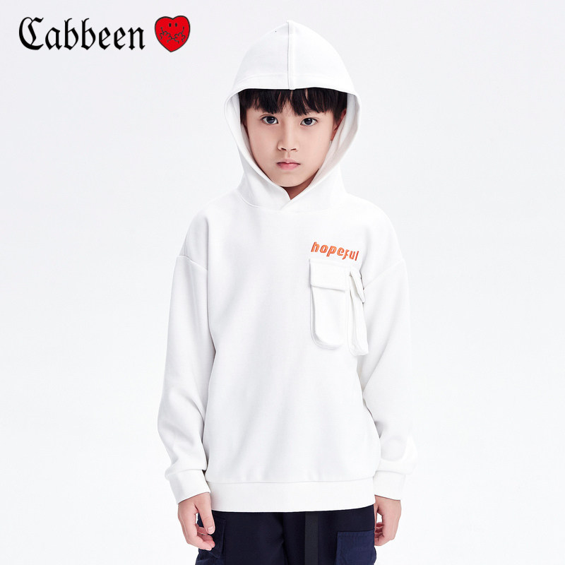 卡宾童装长袖t恤男童春秋新款白色连帽卫衣中大童男孩儿童衣服