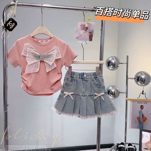 女童夏季新款韩版套装2024洋气女宝宝蝴蝶结短袖T恤牛仔短裙促销