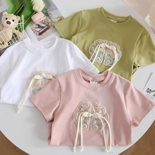 女童新中式短袖t恤夏季2024新款纯棉中大童盘扣刺绣儿童洋气促销