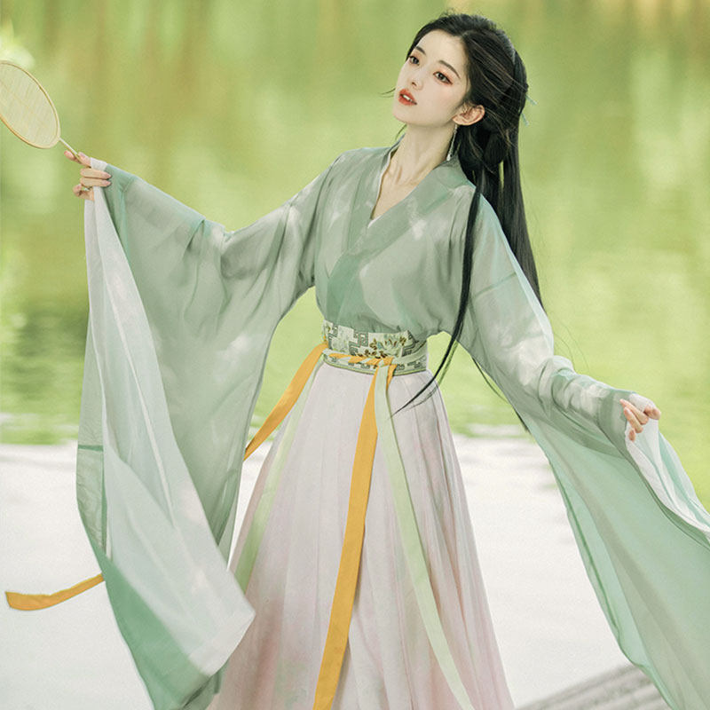 原创改良绿色汉服女古装交领襦裙广袖流仙裙超仙气飘逸魏晋风夏款