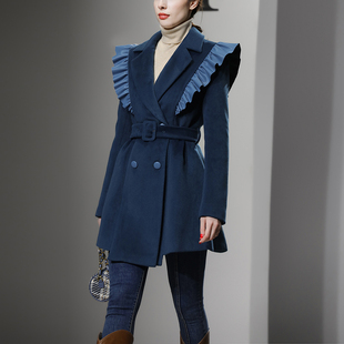 秋冬季女装2023新款蓝色修身西装呢子大衣加厚收腰短款羊毛呢