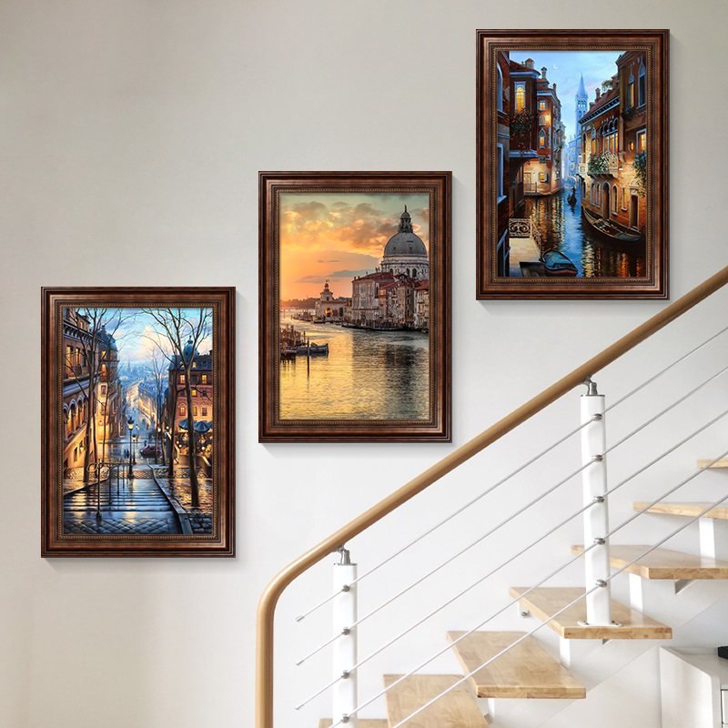 别墅楼梯间三联美式油画客厅装饰画走廊过道欧式壁画复式楼道挂画