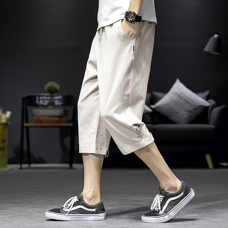 中国风男装棉麻七分裤2021夏季新款纯色宽松大码休闲裤男复古马裤