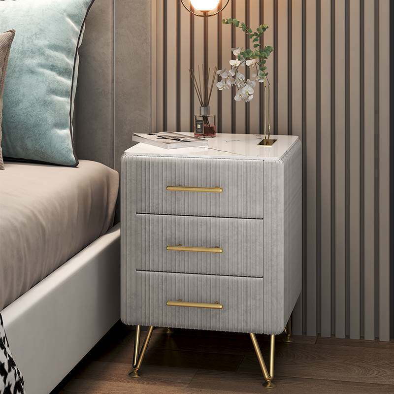 新款轻奢床头柜代简约岩板实木皮质卧室床柜北欧网红现高边端小型