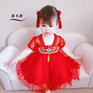 女童夏季连衣裙女宝宝周岁生日礼服刺绣公主裙婴儿红色洋气纱裙