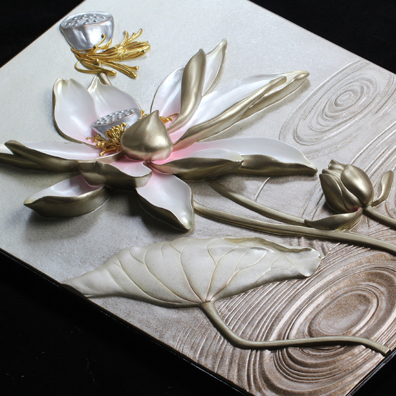 蓝莲花浮雕装饰画横版单幅入户玄关门厅进门对面墙上挂画立体树脂