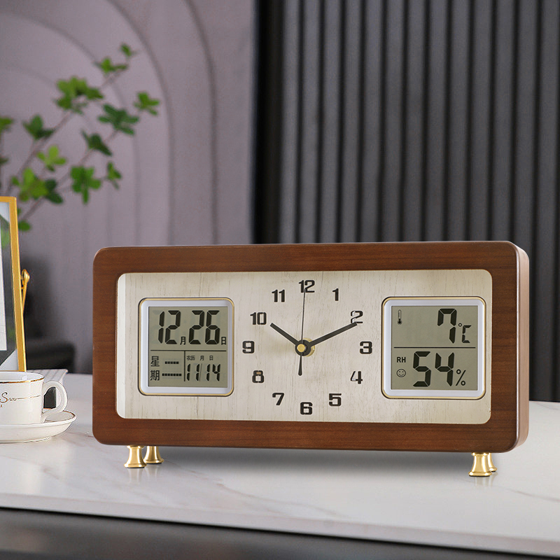 实木座钟摆件家用台式日历钟表创意复古万年历台钟桌面时钟坐钟